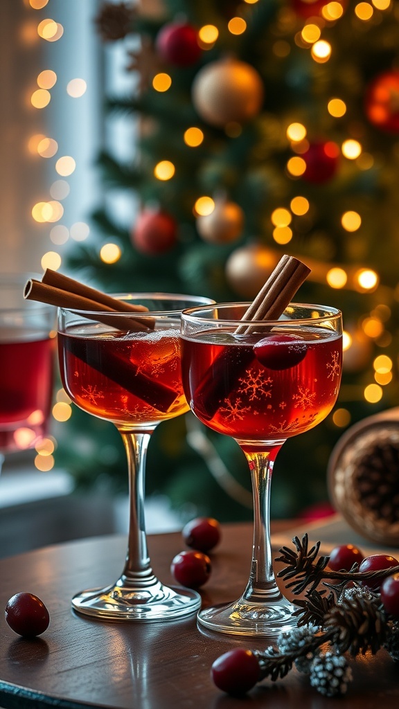 Festive Dark Liquor Christmas Cocktails Two festive Christmas cocktails with dark liquor, garnished with cinnamon and cranberries, in a cozy holiday setting.